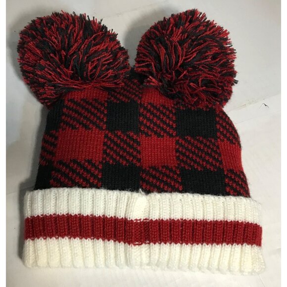 Buffalo Plaid Kids Hat Double Pom Pom Winter Knit Beanie Fleece Sock Monkey - Picture 2 of 5